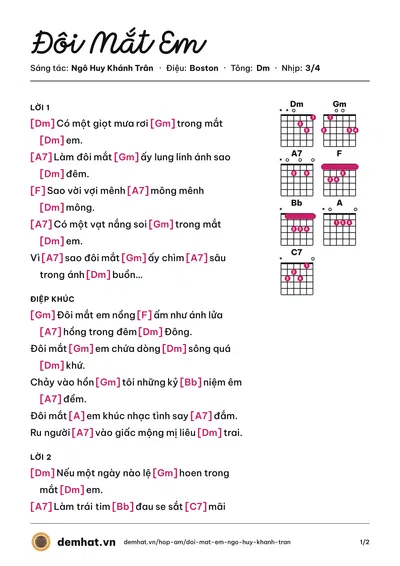 Hợp âm Đôi Mắt Em (Thái Hòa) – bản nhạc PDF trang 1, tông Dm