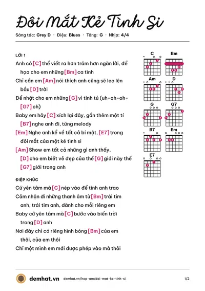 Hợp âm Đôi Mắt Kẻ Tình Si (Grey D) – bản nhạc PDF trang 1, tông G