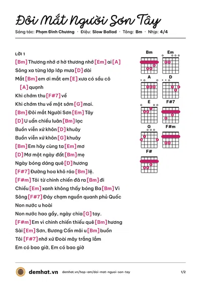 Hợp âm Đôi Mắt Người Sơn Tây (Thái Thanh) – bản nhạc PDF trang 1, tông Bm