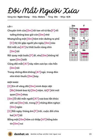 Hợp âm Đôi Mắt Người Xưa (Quang Lê) – bản nhạc PDF trang 1, tông Dm