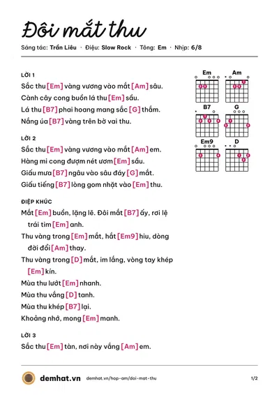 Hợp âm Đôi mắt thu (guitar) – bản nhạc PDF trang 1, tông Em