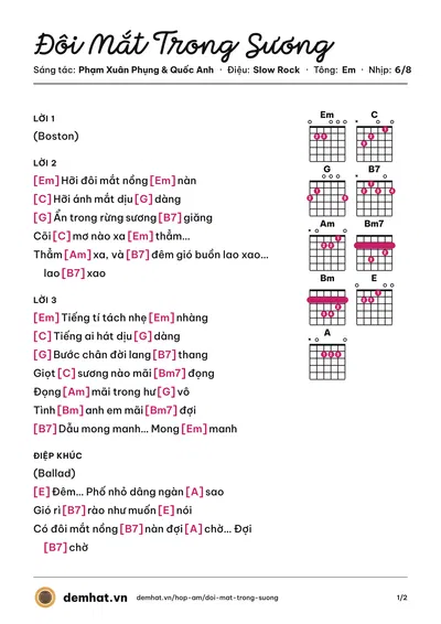 Hợp âm Đôi Mắt Trong Sương (Phạm Xuân Phụng) – bản nhạc PDF trang 1, tông Em