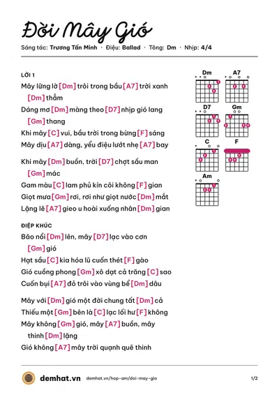 Hợp âm Đời Mây Gió (Trương Tấn Minh) – bản nhạc PDF trang 1, tông Dm