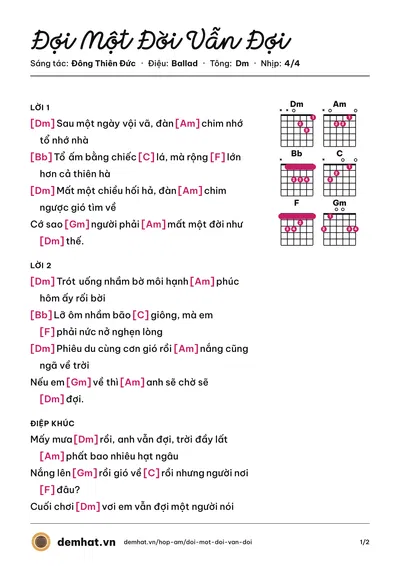 Hợp âm Đợi Một Đời Vẫn Đợi (Hồ Việt Trung) – bản nhạc PDF trang 1, tông Dm