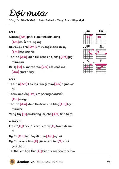 Hợp âm Đợi mưa (Văn Tứ Quý) – bản nhạc PDF trang 1, tông Am