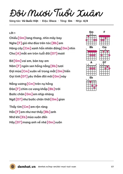 Hợp âm Đôi Mươi Tuổi Xuân (Thanh Ngọc) – bản nhạc PDF trang 1, tông Gm