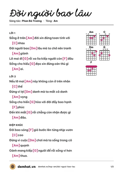 Hợp âm Đời người bao lâu (Băng Nhi) – bản nhạc PDF trang 1, tông Am