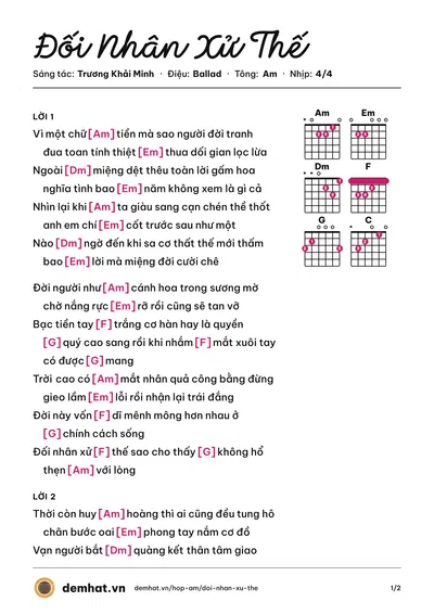 Hợp âm Đối Nhân Xử Thế (Lã Phong Lâm) – bản nhạc PDF trang 1, tông Am