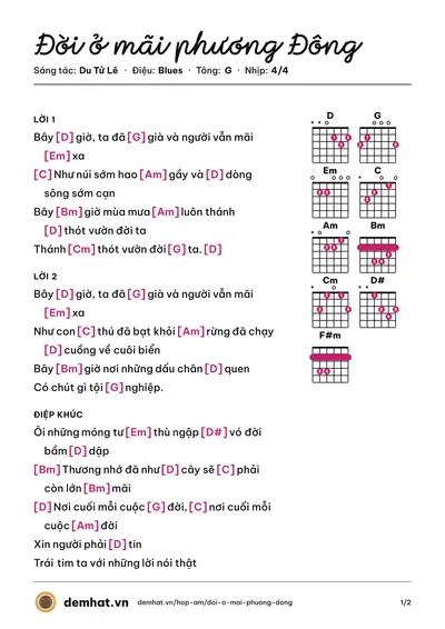 Hợp âm Đời ở mãi phương Đông (Lệ Thu) – bản nhạc PDF trang 1, tông G