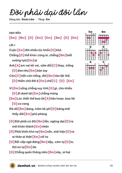 Hợp âm Đời phải dại đôi lần (Đoàn Lâm) – bản nhạc PDF trang 1, tông Em