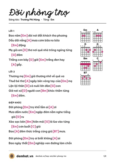 Hợp âm Đời phòng trọ (Trương Phi Hùng) – bản nhạc PDF trang 1, tông Em