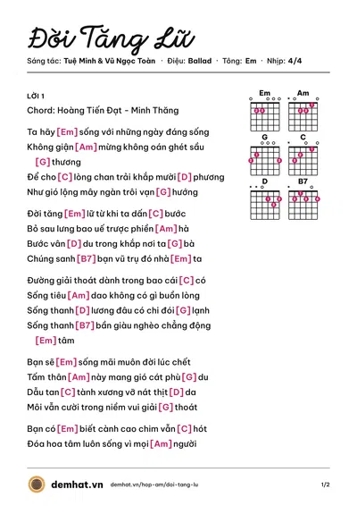 Hợp âm Đời Tăng Lữ (Thanh Sử) – bản nhạc PDF trang 1, tông Em