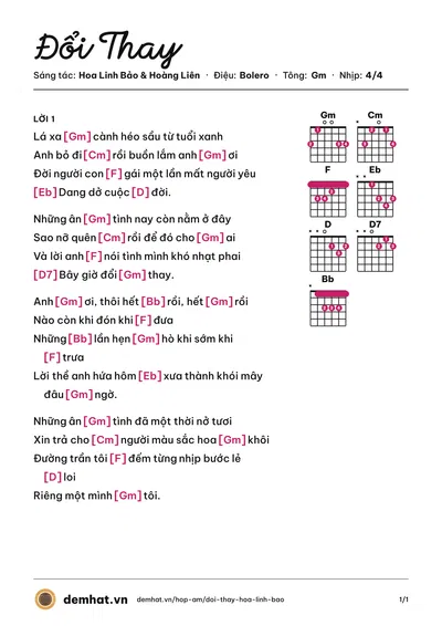 Hợp âm Đổi Thay (Mai Thiên Vân) – bản nhạc PDF trang 1, tông Gm