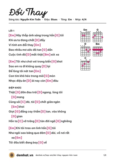 Hợp âm Đổi Thay (Bằng Kiều) – bản nhạc PDF trang 1, tông Em