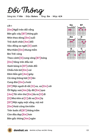 Hợp âm Đồi Thông (Thu Hà) – bản nhạc PDF trang 1, tông Em
