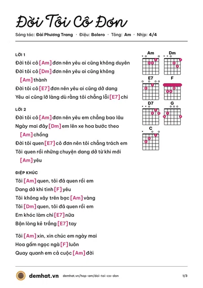 Hợp âm Đời Tôi Cô Đơn (Tuấn Vũ) – bản nhạc PDF trang 1, tông Am