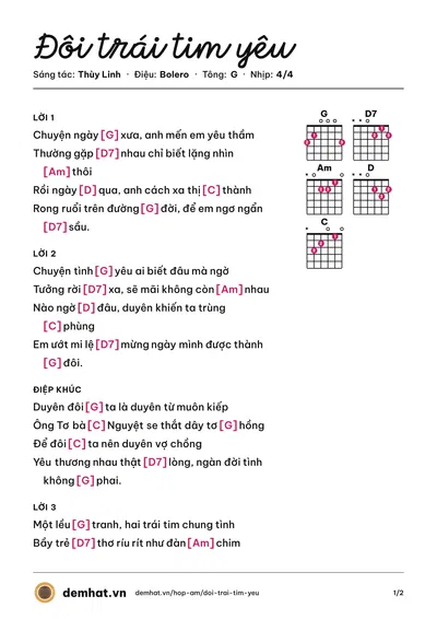 Hợp âm Đôi trái tim yêu (Vui Bình) – bản nhạc PDF trang 1, tông G
