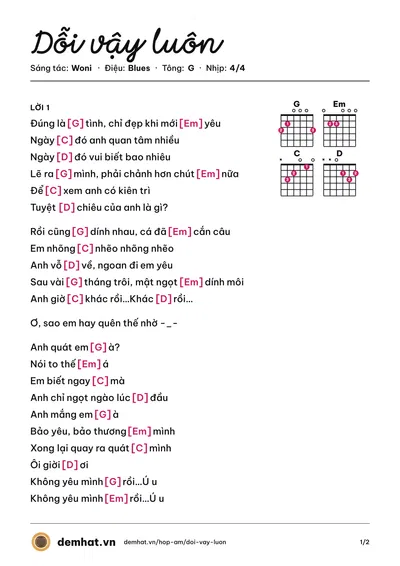 Hợp âm Dỗi vậy luôn (Woni) – bản nhạc PDF trang 1, tông G