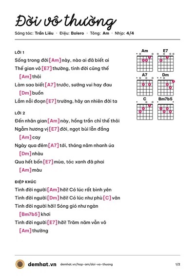 Hợp âm Đời vô thường (TÂM) – bản nhạc PDF trang 1, tông Am