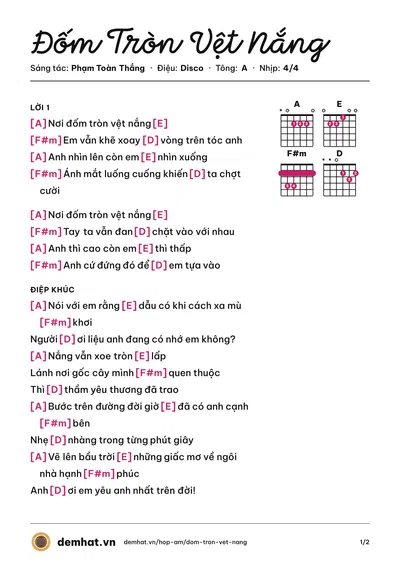 Hợp âm Đốm Tròn Vệt Nắng (Hương Giang) – bản nhạc PDF trang 1, tông A