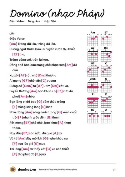 Hợp âm Domino (nhạc Pháp) (Khánh Ly) – bản nhạc PDF trang 1, tông Am