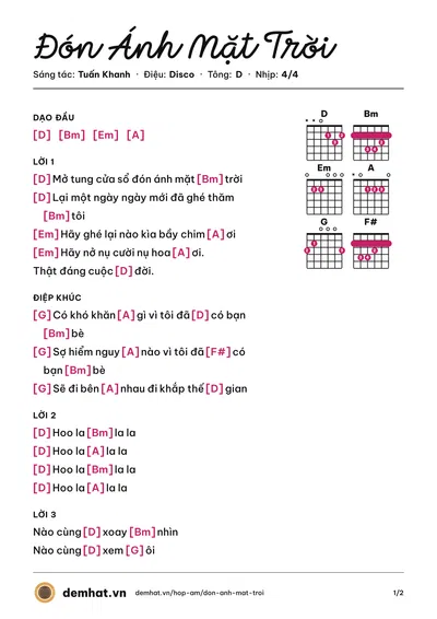 Hợp âm Đón Ánh Mặt Trời (Bích Ngân) – bản nhạc PDF trang 1, tông D