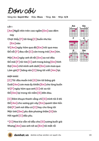 Hợp âm Đơn côi (Trương Quỳnh Anh) – bản nhạc PDF trang 1, tông Am