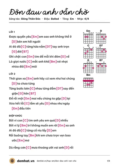 Hợp âm Đớn đau anh vẫn chờ (Đông Thiên Đức) – bản nhạc PDF trang 1, tông Em