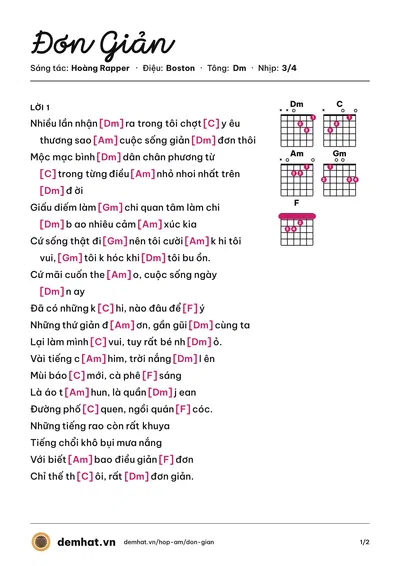 Hợp âm Đơn Giản (Khởi My) – bản nhạc PDF trang 1, tông Dm