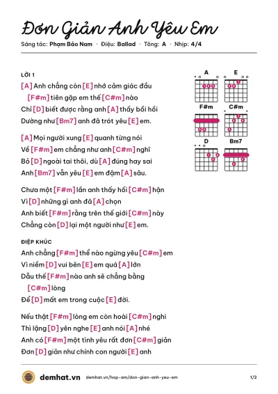 Hợp âm Đơn Giản Anh Yêu Em (Hồ Quốc Việt) – bản nhạc PDF trang 1, tông A