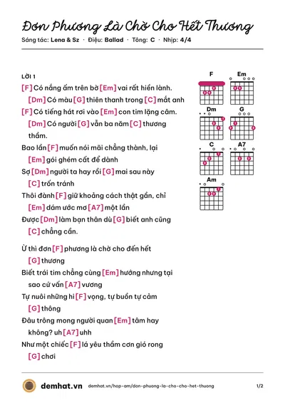 Hợp âm Đơn Phương Là Chờ Cho Hết Thương (Lena) – bản nhạc PDF trang 1, tông C