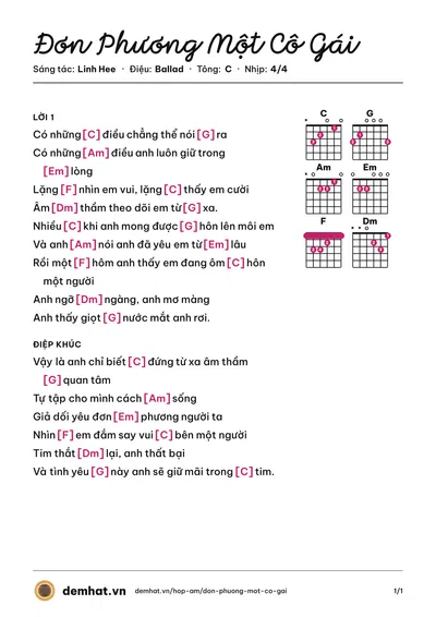 Hợp âm Đơn Phương Một Cô Gái (Linh Hee) – bản nhạc PDF trang 1, tông C