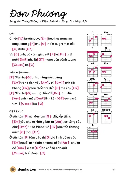 Hợp âm Đơn Phương (Trung Thông) – bản nhạc PDF trang 1, tông C