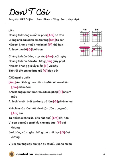 Hợp âm Don'T Côi (RPT Orijinn) – bản nhạc PDF trang 1, tông Am