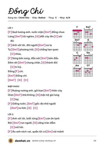 Hợp âm Đồng Chí (Việt Johan) – bản nhạc PDF trang 1, tông C