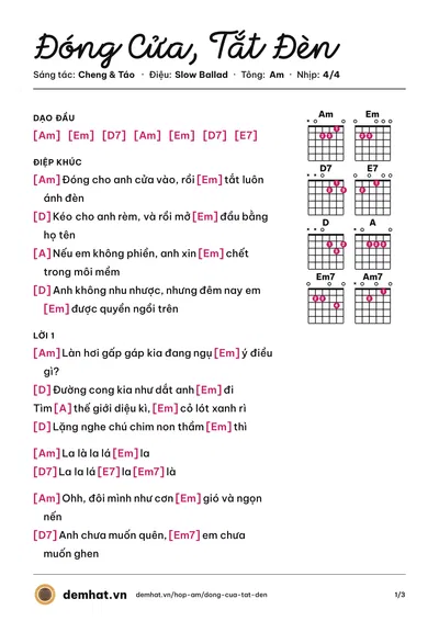 Hợp âm Đóng Cửa, Tắt Đèn (Cheng) – bản nhạc PDF trang 1, tông Am