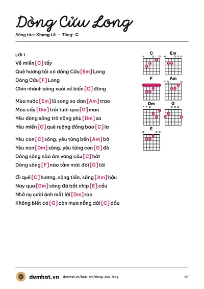 Hợp âm Dòng Cửu Long (Khang Lê) – bản nhạc PDF trang 1, tông C