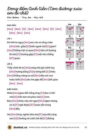 Hợp âm Đong đếm tình tiền (Con đường xưa em đi chế) (Minh Chiến) – bản nhạc PDF trang 1, tông Am