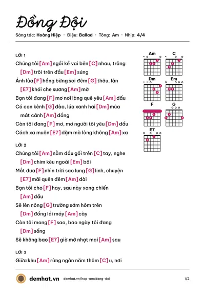 Hợp âm Đồng Đội (Trọng Tấn) – bản nhạc PDF trang 1, tông Am