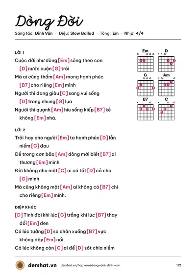 Hợp âm Dòng Đời (Đan Trường) – bản nhạc PDF trang 1, tông Em