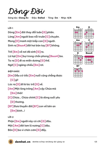 Hợp âm Dòng Đời (Như Ý) – bản nhạc PDF trang 1, tông Em