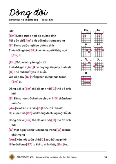Hợp âm Dòng đời (Lyan) – bản nhạc PDF trang 1, tông Em