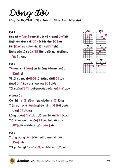 Hợp âm Dòng đời (Huy Thái) – bản nhạc PDF trang 1, tông Am