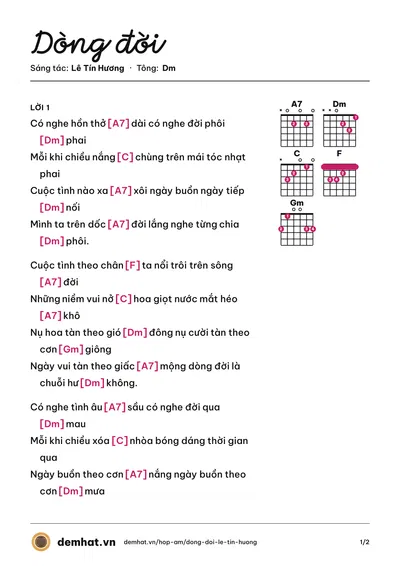 Hợp âm Dòng đời (Lê Uyên) – bản nhạc PDF trang 1, tông Dm