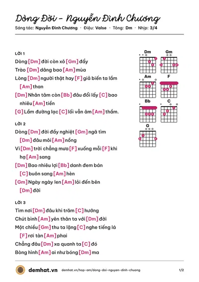 Hợp âm Dòng Đời - Nguyễn Đình Chương (Nguyễn Đình Chương) – bản nhạc PDF trang 1, tông Dm