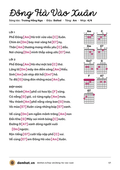 Hợp âm Đông Hà Vào Xuân (Băng Châu) – bản nhạc PDF trang 1, tông Am