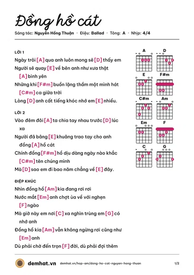 Hợp âm Đồng hồ cát (Nguyễn Hồng Thuận) – bản nhạc PDF trang 1, tông A