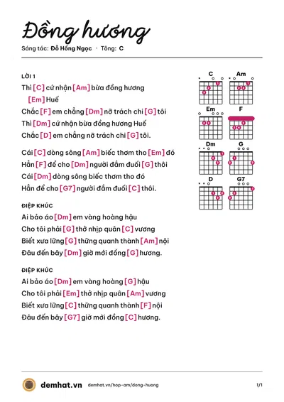 Hợp âm Đồng hương (Thùy Dương) – bản nhạc PDF trang 1, tông C