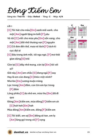Hợp âm Đông Kiếm Em (Thái Vũ) – bản nhạc PDF trang 1, tông C