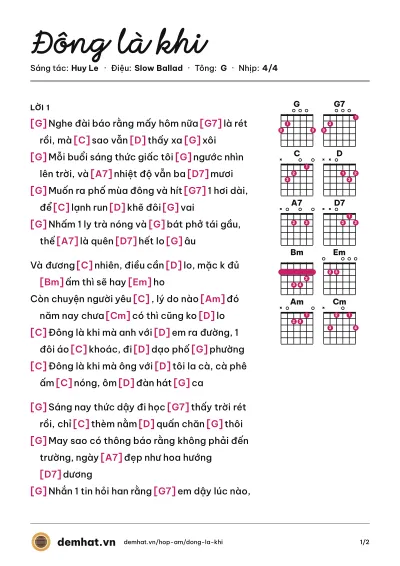 Hợp âm Đông là khi (Huy Le) – bản nhạc PDF trang 1, tông G